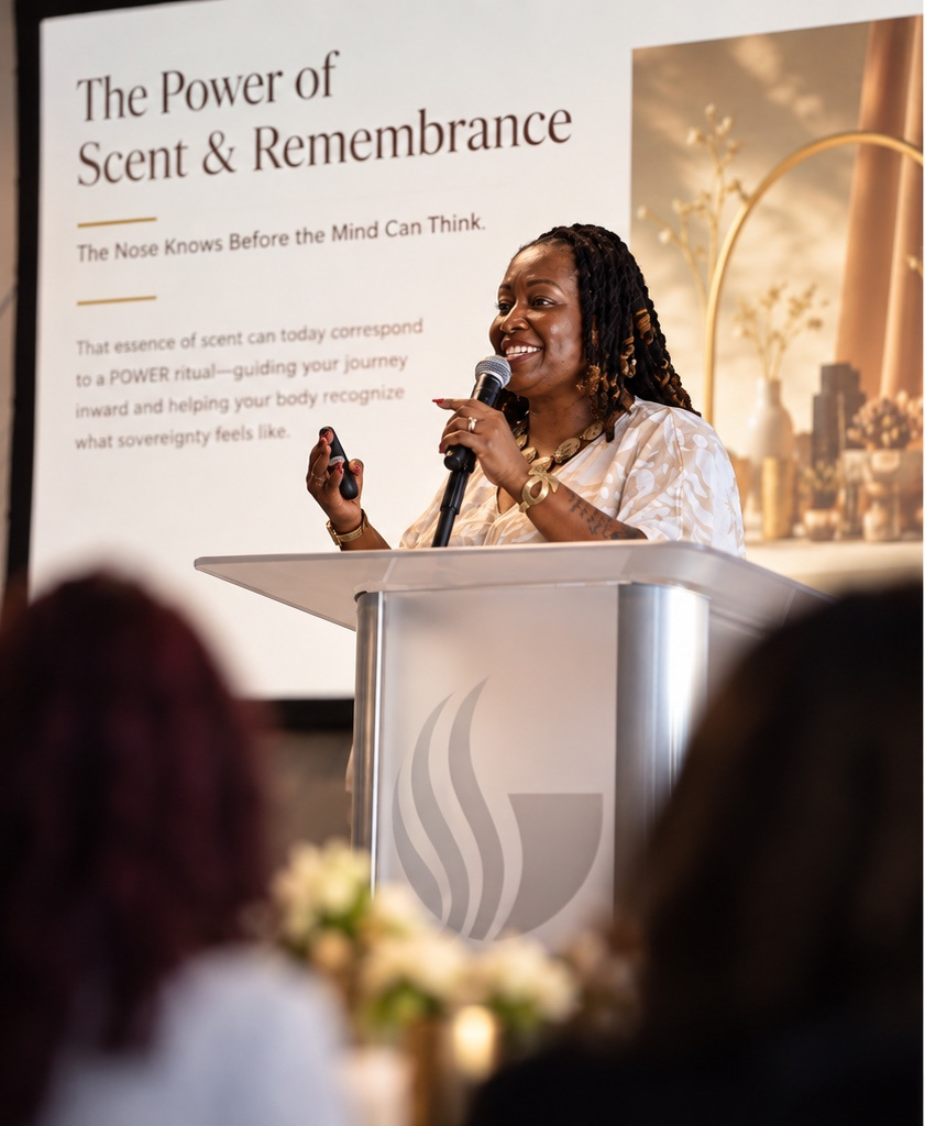 Dr. Lady J presenting at a podium before an audience